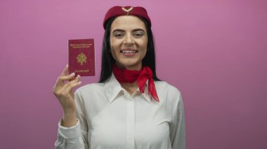 İspanyol üniformalı genç bir kadın, canlı pembe bir arka plana karşı bir pasaport tutuyor. Dostane tavrını ve profesyonel kıyafetlerini sergiliyor..