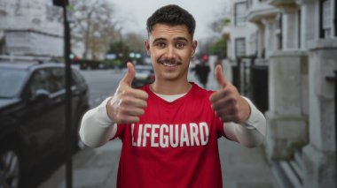Cankurtaran tişörtü giyen genç İspanyol bir adam şehir caddesinde başparmağını kaldırıyor..