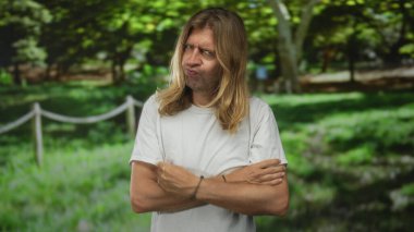 Sarışın ve uzun saçlı bir adam ormanda çıplak kollarını çapraz yapar beyaz kaşlı gömlek giyer, şüphecilik şüphe uyandırır..