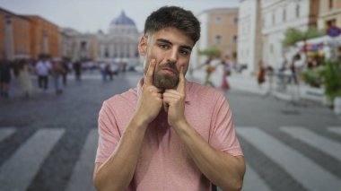 Genç İspanyol adam St. Peters Meydanı binasında parmaklarıyla yanağa bastırıyor; kendine güven iyimserliği sevinç rahatlaması.