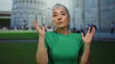 Sidikli ikonik bir kulede poz veren bir kadın, neşeli bir jest, gri saçlar, günlük yeşil kıyafetler, İtalya 'da seyahat deneyimlerini ön plana çıkarıyor..