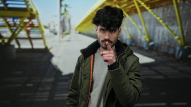 İspanyol asıllı genç adam, şehir sokaklarında ciddi bir ifadeyle el kol hareketi yapıyor, günlük ceket giyiyor, şehirde ihtiyatlı bir duruş sergiliyor..