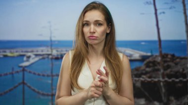 Beyaz elbiseli kadın, güneşli bir iskele rıhtımında tırnak ve hareketli parmaklarını ayarlar; endişe ve belirsizlik.