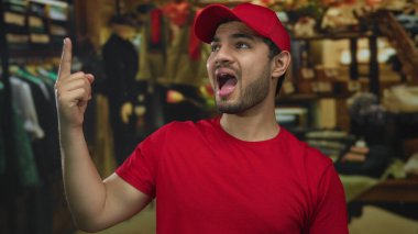 Kırmızı gömlekli ve şapkalı bir adam perakende satış binasında baş parmak hareketi yapıyor; servis eleştirisi onaylanmıyor.