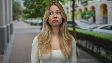 Sarışın kadın, park halindeki arabaları ve çitleri olan hareketli şehir kaldırımında avuçlarını açar. Şaşırtıcı şaşkınlık şokuna tutulur..