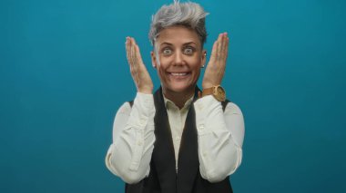 Kısa gri saçlı ve geniş gözlü bir kadın yüzünü stüdyoya kapatmak için ellerini kaldırıyor..