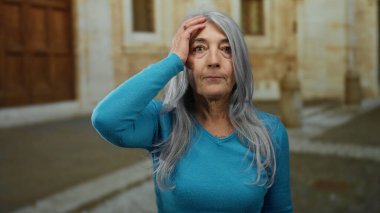 Açık havada sokakta duran gri saçlı kadın taş bina yakınlarındaki gündelik mavi kazağıyla duygularını ifade ediyor..