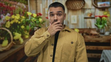Adam bir çiçekçide ahşap tezgah ve parlak çiçek aranjmanları olan bir binada burun çimdikler; iğrenme.