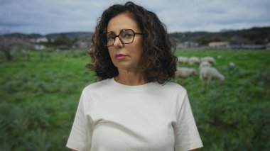 Yeşil parkta kollarını kavuşturan gözlüklü, orta yaşlı İspanyol bir kadın. Reddedilmeyi reddediyor..