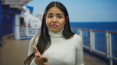 Tekne güvertesinde kafası karışmış bir kadın, açık havada güneşli bir günde duygularını gösteriyor, seyahat ve macera titreşimlerini yansıtıyor..