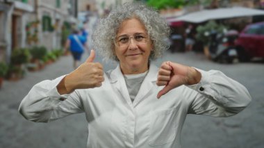 Beyaz önlüklü, kıvırcık gri saçlı, hareketli bir şehir sokağında parmak hareketi yapan, arka planı bulanık, açık havada çeşitli halk ifadeleri sergileyen bir kadın..