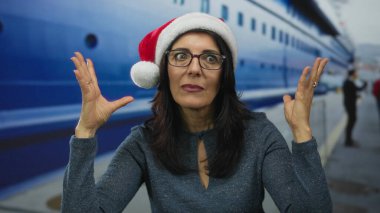 Noel Baba şapkası takan ve gözlük takan bir kadın, liman limanındaki teknenin yanında el kaldırıyor. Tatil stresi..