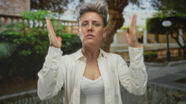 Kısa gri saçlı, sade beyaz gömlekli bir kadın bina içinde çıplak göğsünü gösteren kollarını kaldırıyor..