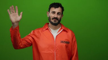 Turuncu hapishane tulumlu İspanyol adam yeşil arka plana karşı duruyor, kasvetli bir ifadeyle elini kaldırıyor, hapis ve kimlik temalarını yansıtıyor..