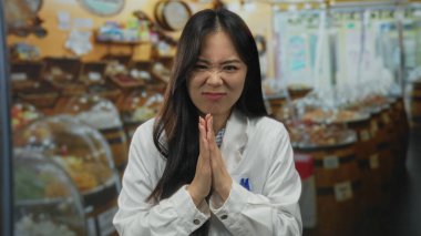 Mağazadaki kadın bilim adamı dikkat çekmek için renkli şekerlemelerle çevrili üniforma giyiyor ve ilginç bir ifadeyle kapalı mekanda sergiliyor.