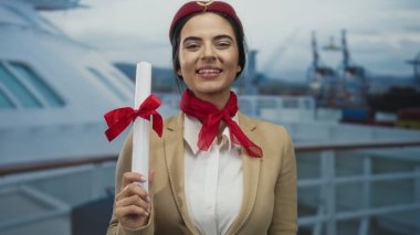 Uçuş görevlisi üniformalı bir kadın, gemi seyahatinde diplomasını tutuyor. Başarıları vurguluyor ve güvertede profesyonel giysiler ve mavi gökyüzünün altında geziniyor..
