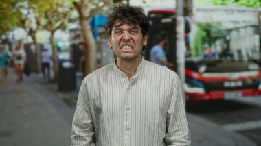 Hispanik bir adam arka planda bulanık insanlar ve otobüslerle sokak ortamında bağırıyor. Duygularını ve toplumsal etkileşimlerini aktarıyor..