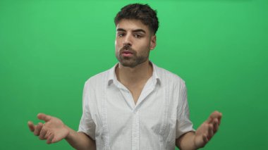 Beyaz gömlekli genç İspanyol adam, açık avuç içleri ve sorgulama ifadeleri olan yeşil bir stüdyoda ellerini açar..