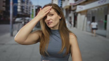 Güneşli şehir caddesinde somurturken kolsuz bluz giyen kadın. Stres baş ağrısı yorgunluğu..
