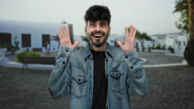 Sokak ortasında kot ceketli bir adam heyecanla gülümsüyor..