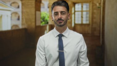 Beyaz tişörtlü genç İspanyol adam güneşli bina koridorunu işaret ediyor..