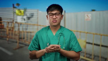 Yeşil önlüklü genç adam bir inşaat alanında üşüyormuş, boynunda steteskopla, endüstriyel bir ortamda rahatsız olduğunu ifade ediyor..