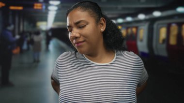 Yoğun kalabalık bir tren istasyonunda sabah banliyöde trenin yanında ürkek bir kadın; rahatsızlık.