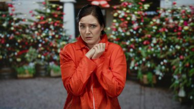 Turuncu hapishane tulumlu bir kadın, süslü ağaçlarla süslü bir Noel pazarında duruyor. Hapis ve neşeli tezahürat tezahüratları yapıyor..