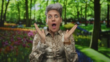 Kadın yemyeşil orman ortamında gülen yüzün yanında avuçlarını birbirine yapıştırıyor; minnettarlık sükuneti.