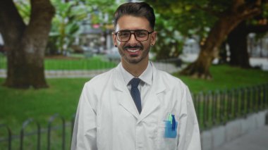 Gözlük takan, cebinde kalemler olan, gülümseyen ve binanın yanında duran İspanyol asıllı genç bir adam..