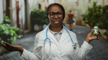Steteskoplu kadın doktor elinde bir kutu hapla şehir sokaklarında ilaç araştırıyor. Arka planda yeşillik bulanıklığı var..