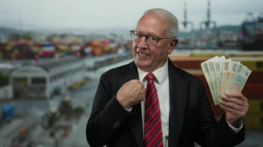 Takım elbiseli kıdemli bir adam, bir sahil limanında Czech Koruna banknotları tutuyor, bir gülümseme ile işaret ediyor, bir denizcilik arka planına karşı başarı ve zenginliğin özünü yakalıyor..