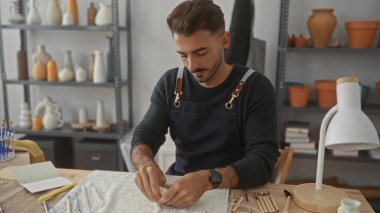 Çömlek raflı atölyedeki ahşap masada elleri olan Potter kil kalıbı; dikkatli yaratıcılık.