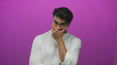 Beyaz gömlekli genç adam başını öne eğerken mor stüdyo ışıkları altında eli ağızla kapatıyor..