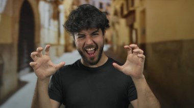 Sakallı genç İspanyol adam, enerjik ve eğlenceli bir şehir sokağında elleri pençe gibi durarak şakacı hareketler yapıyor..
