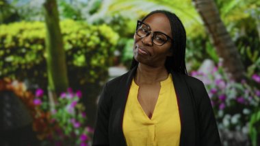 Canlı bir parkta gülümseyen bir kadın, çiçekler takan, siyah ceketin altında sarı bir bluz giyen, açık havada neşeli bir sahne sergiliyor..