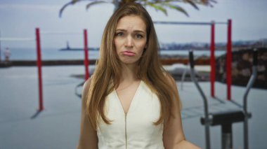 Kadın spor salonunda beyaz kolsuz bluzuyla parlak dudaklarını büzüyor metal egzersiz ekipmanlarının arasında barfiks çekiyor; üzüntü.