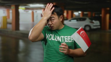 Kapalı otoparkta elinde gönüllü gömleğiyle Singapur bayrağı tutan genç adam, düşünceli görünüyor..