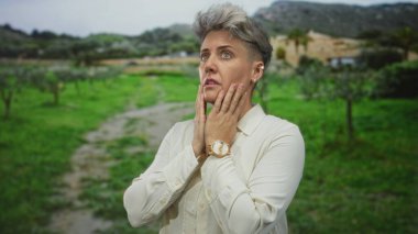 Bulutlu gökyüzünün altında berraklaşan yemyeşil ormanda yüzü elleyen kadın, rahatsız edici diş ağrısı.