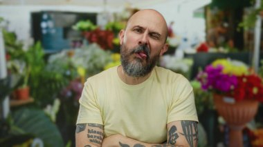 Sakallı kel bir adam açık hava çiçekçisinde güvenle gülümsüyor. Etrafı canlı çiçeklerle, yeşil dövmelerle ve neşeli bir ifadeyle çevrili..