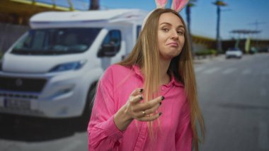 Pembe tişörtlü, tavşan kulaklı bir kadın kampçının yanında durmuş neşeli bir ifade sergiliyor.