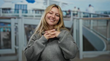 Gezgin güvertesinde günlük kıyafetleriyle gülümseyen genç sarışın kadın güneşli bir günde açık deniz manzarasının keyfini çıkarıyor lüks bir teknede özgürlük ve macerayı kucaklıyor..