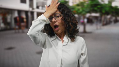 Beyaz tişörtlü, kıvırcık saçlı İspanyol kadın bir şehir caddesinde, açık hava ortamında anlamlı bir anı yakaladığında şaşırır..