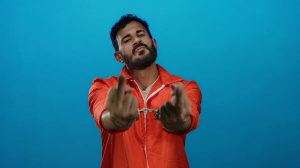 Латиноамериканец в оранжевом тюремном комбинезоне с наручниками позирует на синем фоне, демонстрируя драматическую сцену заключения и неповиновения.
