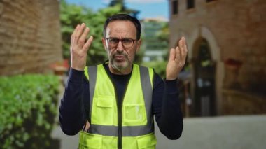 İspanyol adam gözlük ve güvenlik yeleği takıyor. Açık bir şehir ortamında, bulanık mimari ve yeşillik ile ifade ediyor..