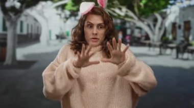 Kıvırcık saçlı, tavşan kulaklı ve kazaklı bir kadın sokakta komik bir ifade sergiliyor.