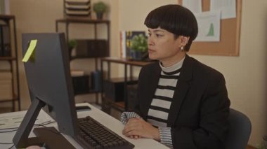 Ofisteki genç Çinli kadın, masa, bilgisayar ve raflarla çevrili iş kıyafetleri içinde sessiz bir jest yapıyor. Odaklanma ve mahremiyet öneriyor..