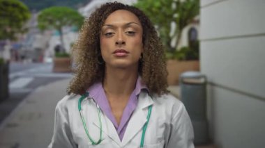 Beyaz önlük giyen kadın doktor ve steteskop, geleceğe bakarken gözlük ayarlıyor; profesyonel özgüven.