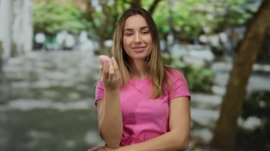 Açık havada pembe tişörtlü genç bir kadın yeşil ağaçlarla çevrili parlak bir sokakta makyaj süngeri kullanıyor. Keyifle şehir gününün tadını çıkarıyor..