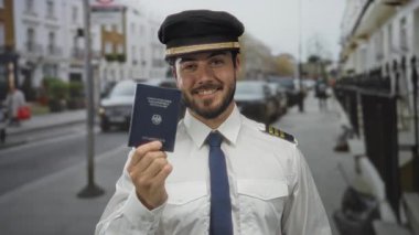 Elinde Alman pasaportu olan genç bir adam yoğun bir trafik ve arka planda binalar olan bir sokakta gülümsüyor ve uluslararası seyahat çağrısında bulunuyor..